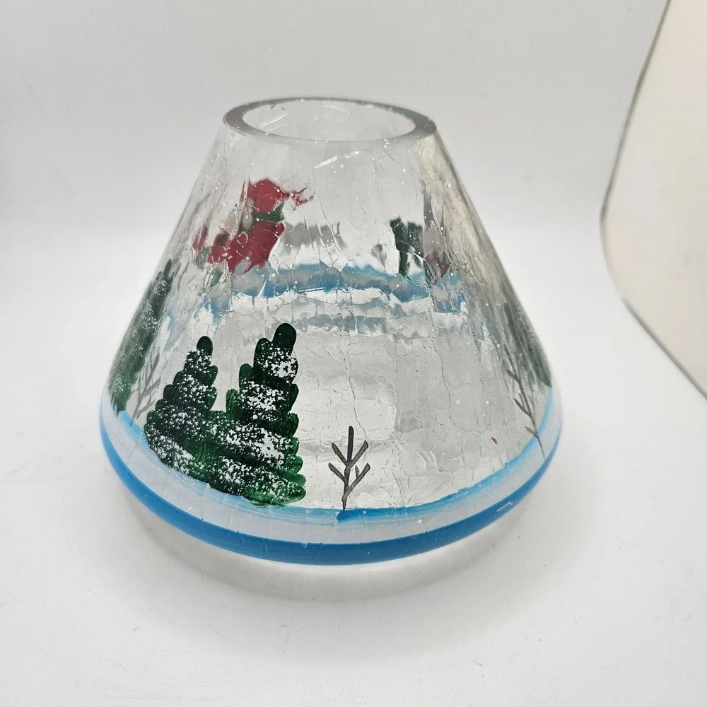 Hand Painted  Crackle Glass Candle Lamp Shade Snowman Church Winter Scene